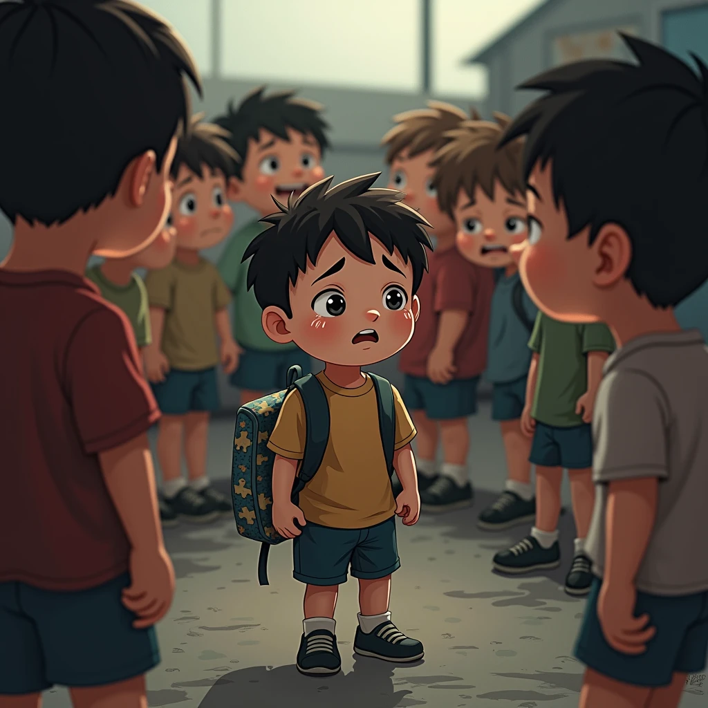 Crying boy surrounded by other kids making fun of him with puzzle backpack