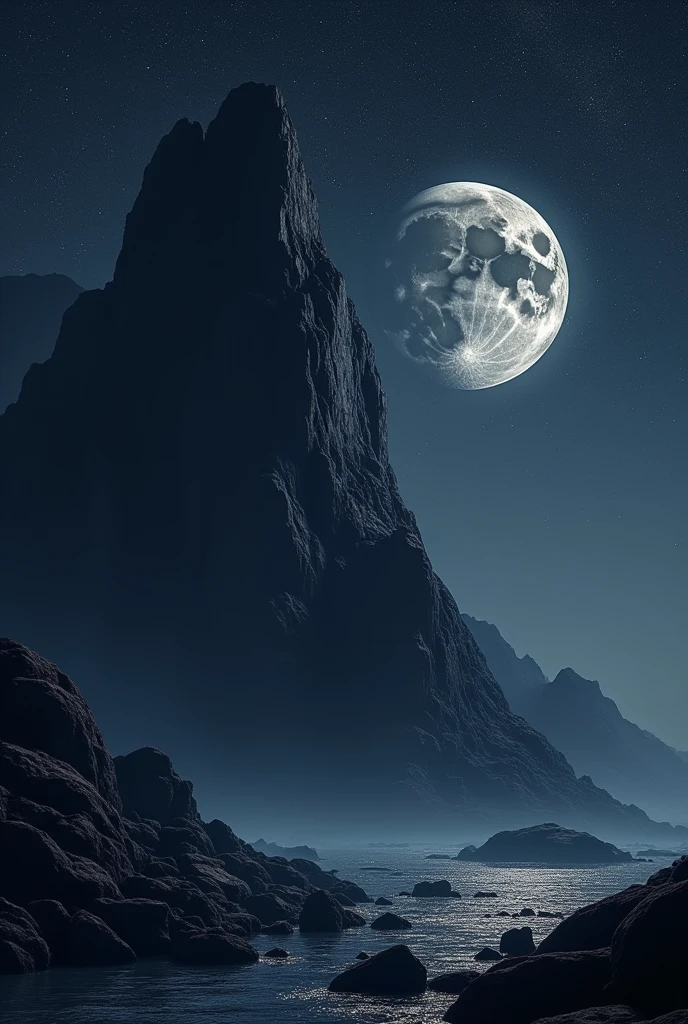 Rock mountain in starry night with close silver moon in realistic style