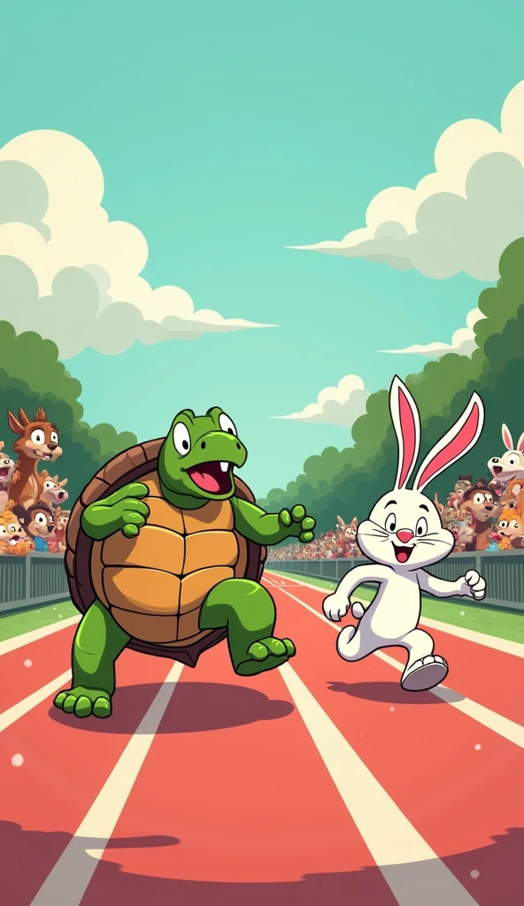 The turtle is crossing the finish line triumphantly, while the rabbit, exhausted and sweaty, is rushing towards the end. Other animals are cheering.
The rabbit is white.
Show as cartoons
