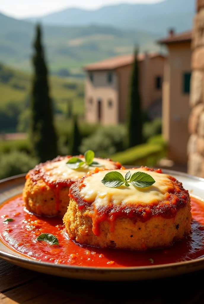 A thickly breaded filet mignon alla parmegiana , that you can see the breading and lots of cheese nicely gratinated on a bed of sugo sauce in a.ceramic dish on a table with the background of the city of Tuscany