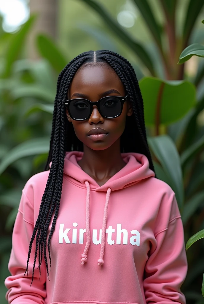 (photorealism:1.2), beautiful black African woman,22 years,sharp boobs, smiling wearing a fitting pink hoodie written "Kinuthia",long braids, black oversized photo chromatic glasses, standing , plants in background.