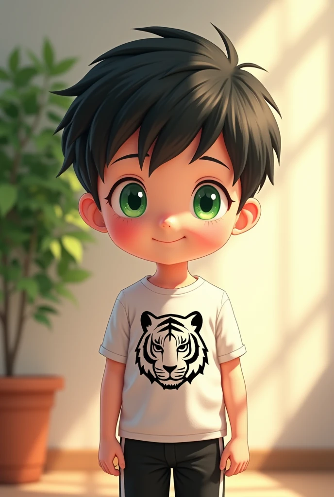 A 3-year-old anime boy with bright green eyes and neat black hair, a rather innocent face, black pants with white stripes, and a white t-shirt with a black tiger print. his face shining in light