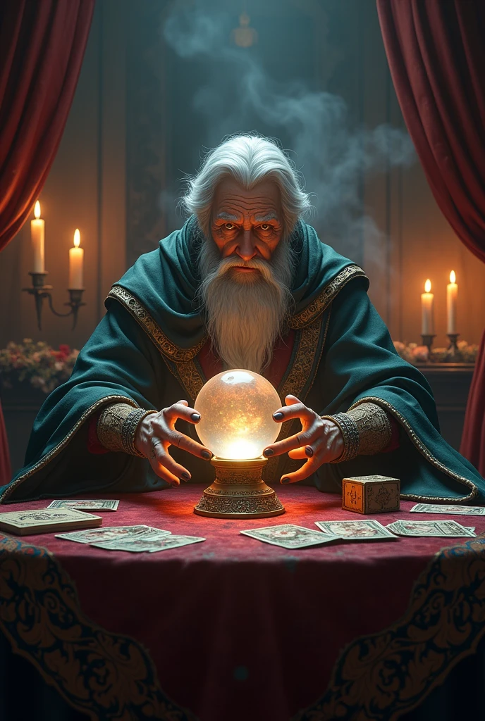 Create a fortune teller looking straight ahead and sitting at a table with a crystal ball