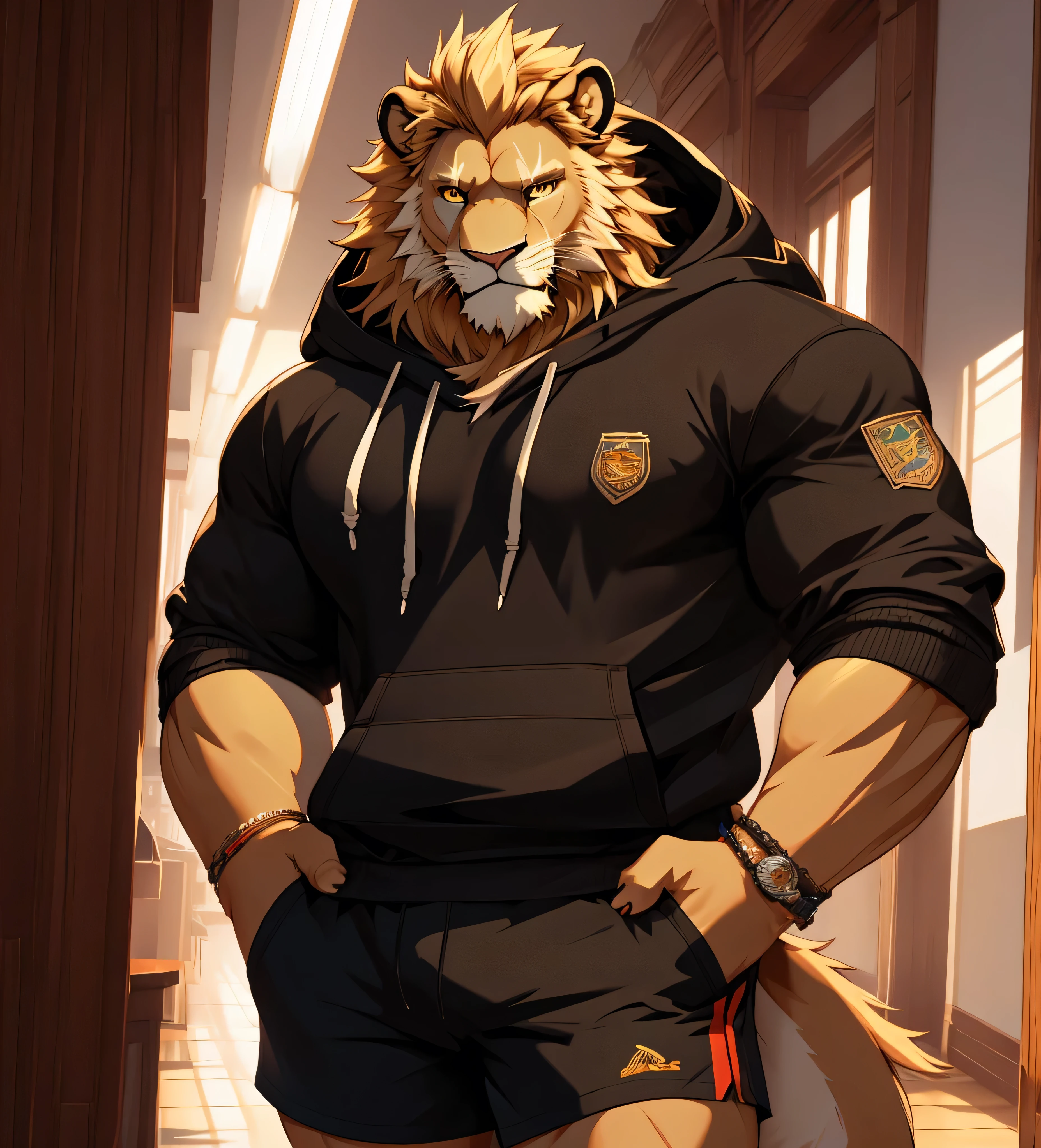 (masterpiece),(Very detailed),(best quality),8K,(high quality),(Ultra high quality),(Super detailed),Solitary,bust,lion ,hairy body,Furry Characters,hoodie,Black shorts,Best image quality,Eyes Details,Droopy ears,Airplane ears,school corridor,student,2 ,Lion Orc,masterpiece,Fluffy tail,Meticulous facial details, proud looking lion