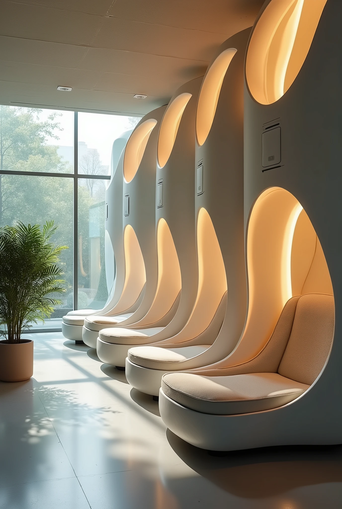 generates image of Rest Capsules so that students can relax while waiting for the start of their next class. They are equipped with charging connectors, Wake-up alarms and sound insulators.