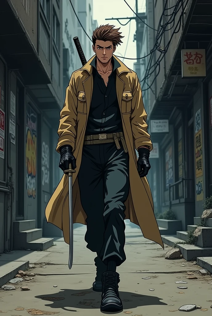 Make me a male jujutsu kaisen character that has a mullet hair style (that is not long) brown, together with his brown eyes, The character is dressed in a stylish manner (that is, an oversized outfit) , carrying a katana walking through a city alley jujutsu kaisen manga drawing style
