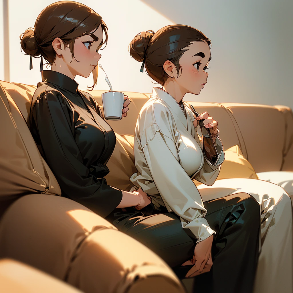 ((A single 55 year old woman who is ALONE on the couch with wavy light brown hair tied in a bun, her body is chubby this same woman has slightly thick eyebrows with a slightly chubby tip of the nose, her skin tone is dark and this same woman wears a casual outfit consisting of a white long-sleeved shirt and black pants, this woman is sitting on the couch while holding a cup of coffee.)) (((Front view photo.))) ((The background environment is a Japanese living room and day lighting.) ) ((((highly detailed skin)))) (((8k, sharp focus)))