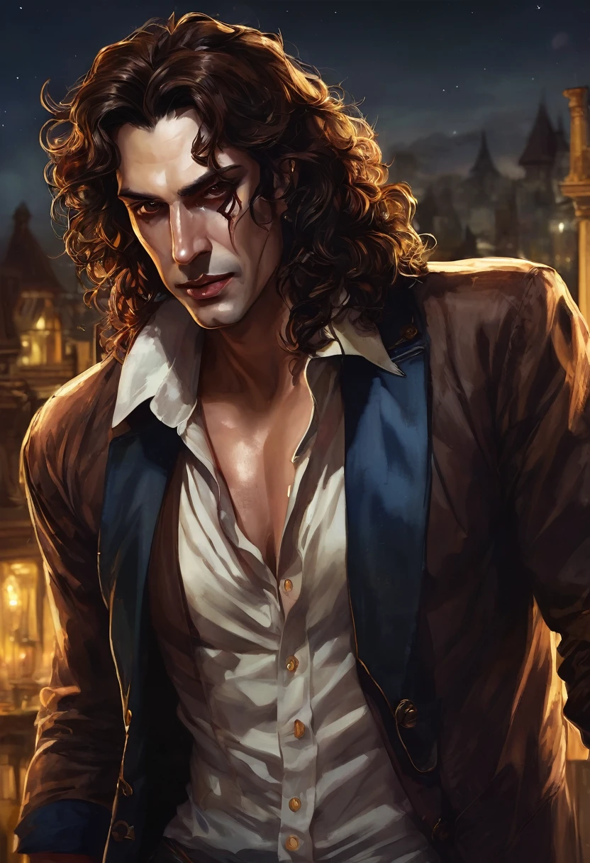 (good quality), (many details), (masterpiece), (good quality), (many details), (masterpiece), man in his early 30s, open shirt, jeans pants (cut out), trickster, wide hair in brown curls, scar on eye, golden earring on left ear, talisman,, at night between people, realistic, vampire