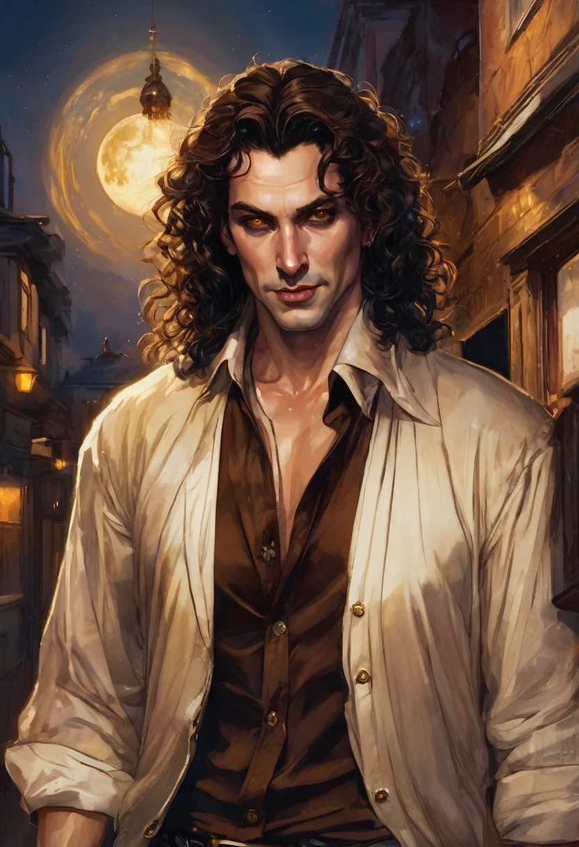 (good quality), (many details), (masterpiece), (good quality), (many details), (masterpiece), man in his early 30s, open shirt, jeans pants (cut out), trickster, wide hair in brown curls, scar on eye, golden earring on left ear, talisman,, at night between people, realistic, vampire