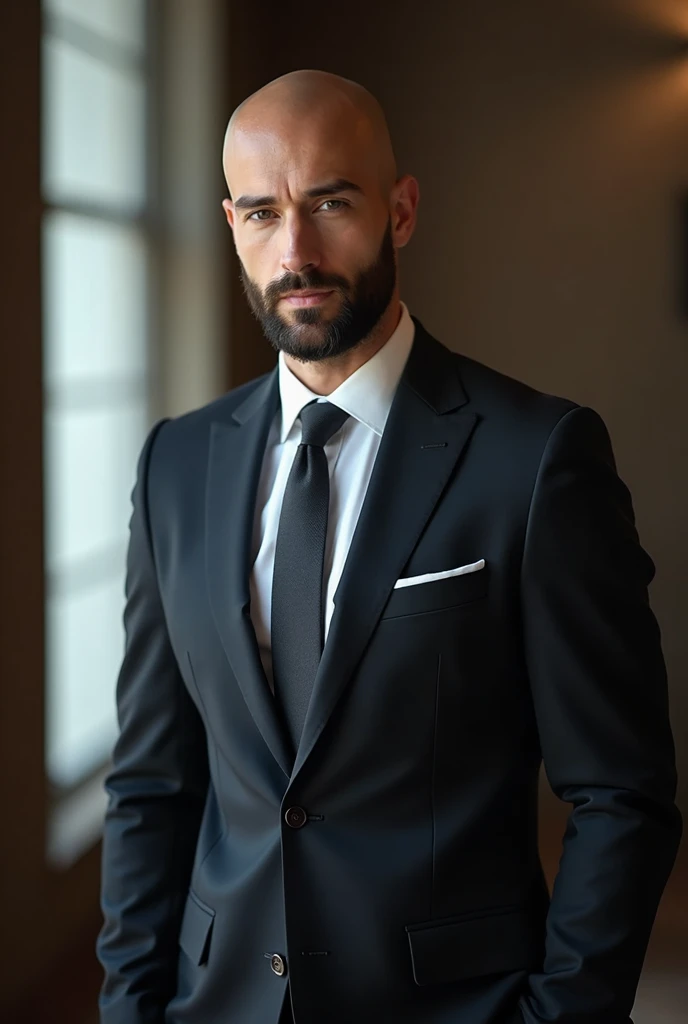 Beautiful man in suit , Beautiful beard , bald head, Executive sexy man, suit, fondo de Office, Office, elegant, Detailed face, Office elegant,