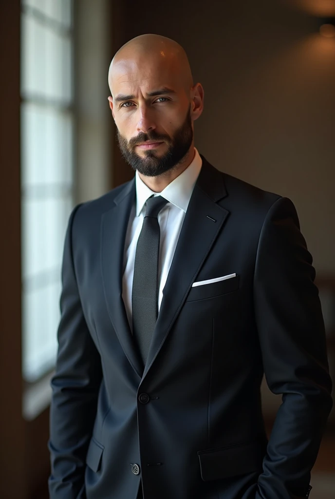 Beautiful man in suit , Beautiful beard , bald head, Executive sexy man, suit, fondo de Office, Office, elegant, Detailed face, Office elegant,