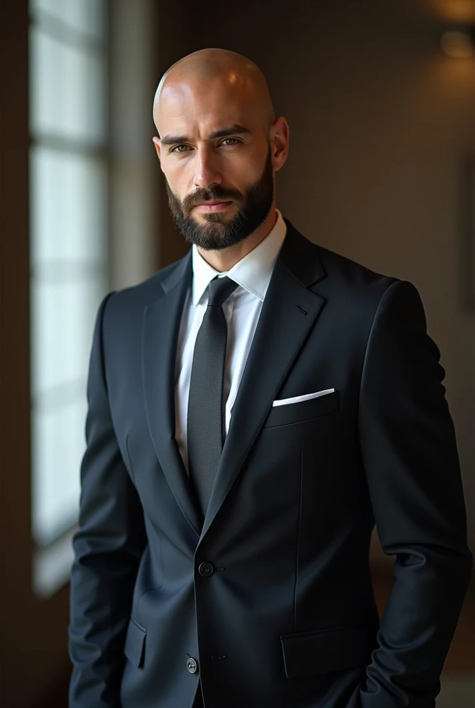 Beautiful man in suit , Beautiful beard , bald head, Executive sexy man, suit, fondo de Office, Office, elegant, Detailed face, Office elegant,