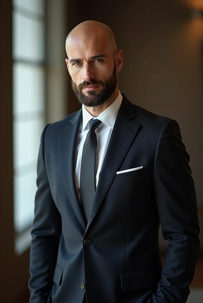 Beautiful man in suit , Beautiful beard , bald head, Executive sexy man, suit, fondo de Office, Office, elegant, Detailed face, Office elegant,