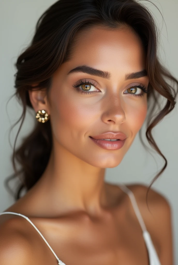 White Brazilian woman with perfect makeup wearing delicate and discreet clothing 18k