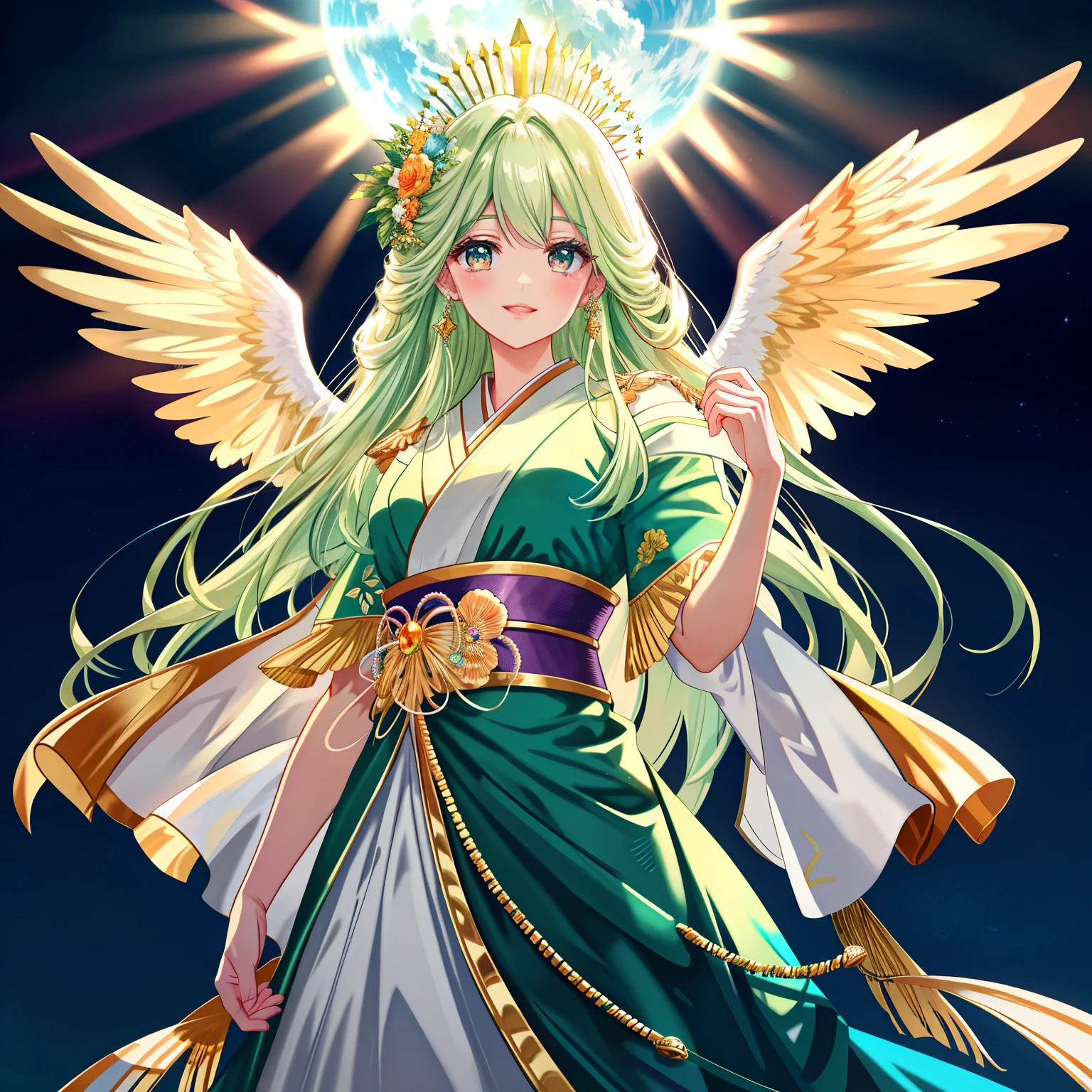 精神と肉体のProtect, Peace and tranquility, The Blessings of a Better Standard of Living, Protection, Protect, Spiritual guardians, **Gold**, **Blue**, **Green**, **Emerald Green**, **Light Blue**, **Yellow**, **silver**, **Deep Red**, **Purple**, **orange**, **Pink**, **masterpiece**, **best quality**, **ultra-detailed**, **Top Quality photorealistic Illustration**, **Ultra Definition**, **an extremely delicate and beautiful**, **detailed beautiful face and eyes**, **perfect hands**, **natural pose**, **smooth skin**, **accurate anatomy**, **ideal ratio body proportions**, **realistic fingers**, **golden ratio 1.2**, **drafting board 1.3**, **ultra high resolution**, **high Saturation:1.2**, **HD**, **4K**, **8k**, **16K**, **color bit depth 24-bit**, **48-bit**, **cute illustration:1.3**, **abstract**, **hyper-realistic**, **ultra detailed illustration**, **ultra-ultimate beautiful 1 woman**, **extremely detailed and beautiful face**, **clear boundaries**, **details and beauty beyond what can be captured in reality**, **hair and cape fluttering in the wind**, **smiling as if playing with the air**, **energetically posing**, **smiling**, **front view**, **character placed in the center**, **((with stage lights shining in the background))**, **((stage lights shining))**, **((feeling the support of the audience))**, **((multiple tornadoes in the background))**, **((giving a sense of wind))**, **((green plants and divine light of prosperity))**, **sparkling stage costume**, **vibrant colors**, **adorned with frills and ribbons**, **primarily blue and green with gold accents**, **ideal body type**, **golden ratio 1.2**, **hair fluttering in the wind**, **light green and blue tones**, **((microphone))**, **natural light and shadow**, **divine light of prosperity**, **repelling evil (gold)**, **accurate perspective**, **grand and calm atmosphere**, **spiritual protection and prosperity**, **photorealistic illustration and Japanese anime style**, **artistic and ultimate**, **strongest and perfect**, **extraordinary**, **groundbreaking**, **aston