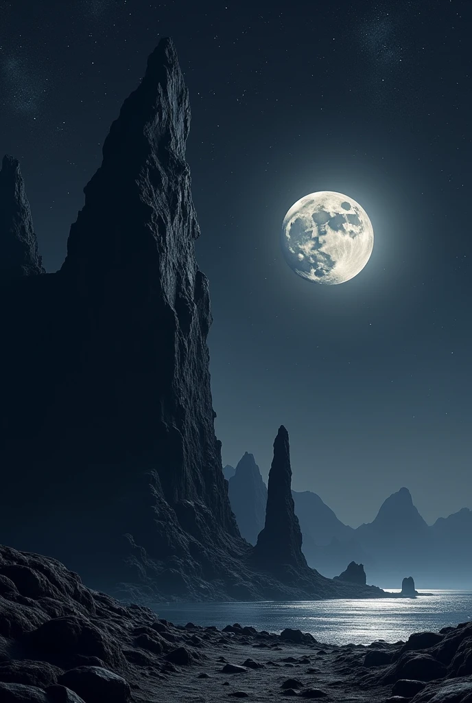 Rock mountain in starry night with close silver moon in realistic style