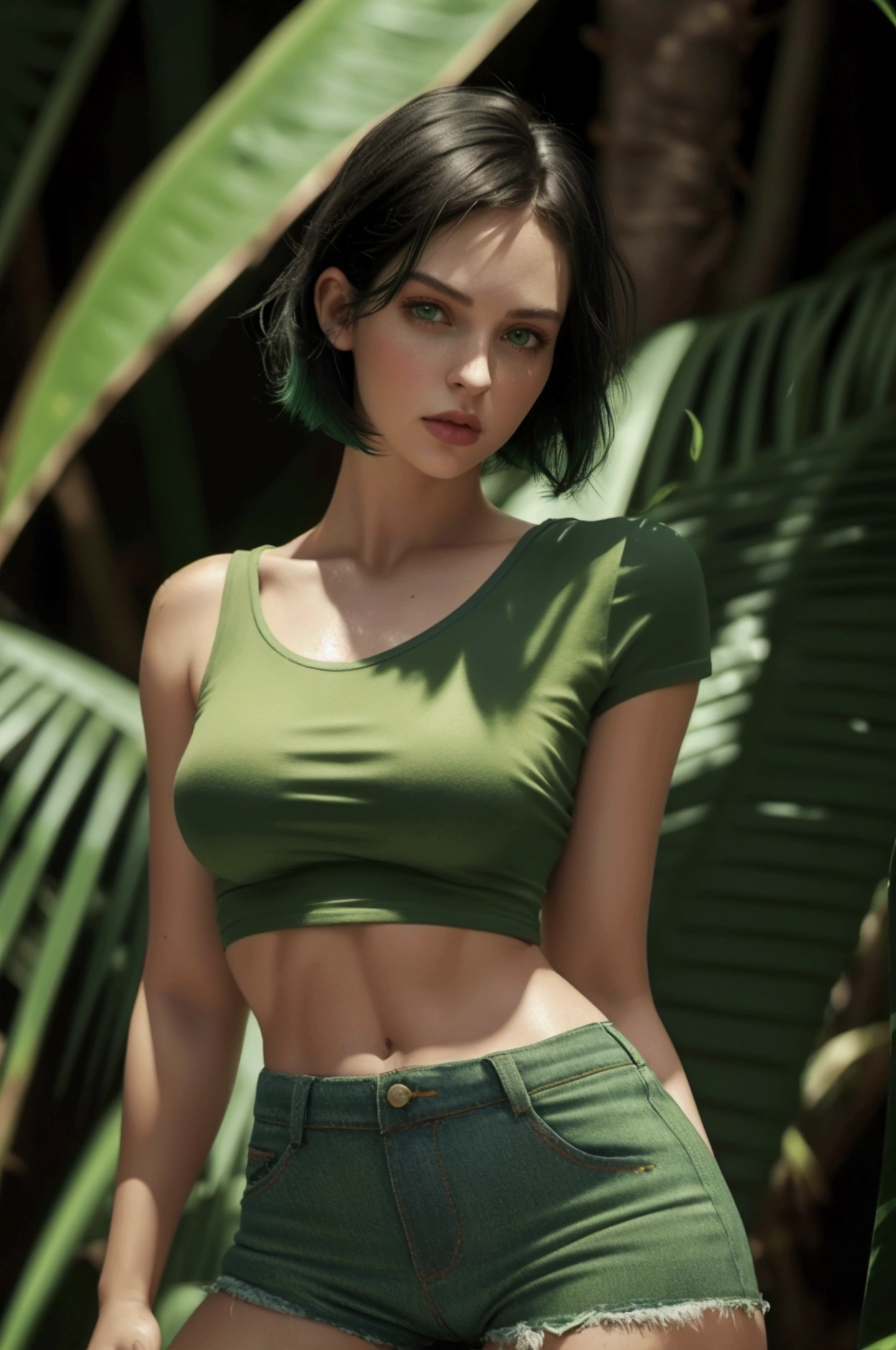 Style realistic,A 30 year old girl, short black hair, green eyes, rectangular face, triangular body wearing It Girl High Waisted Jean Shorts (Hot Pants) and a short dry fit t-shirt, exploring a tropical forest, muscular, hyper detailed, full hd, 4k, hyper realistic