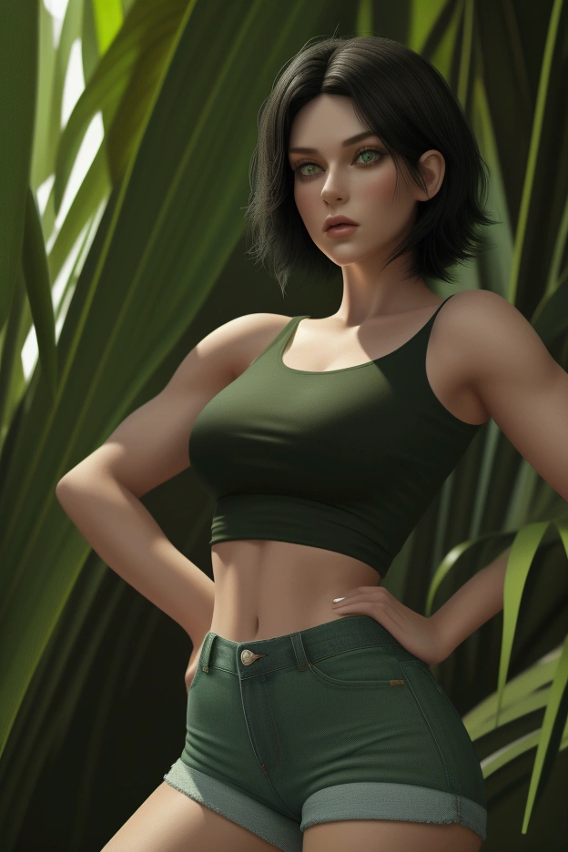 Style realistic,A 30 year old girl, short black hair, green eyes, rectangular face, triangular body wearing It Girl High Waisted Jean Shorts (Hot Pants) and a short dry fit t-shirt, exploring a tropical forest, muscular, hyper detailed, full hd, 4k, hyper realistic
