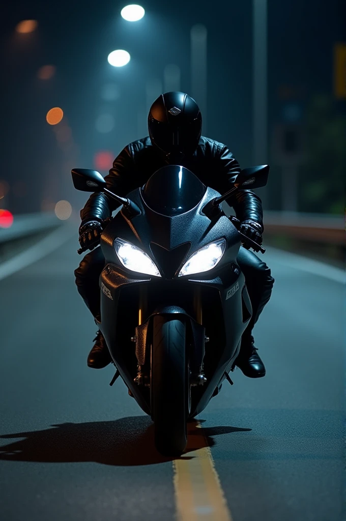 Suzuki hayabusa Full carbon widebody with black dresed rider driving in night almost dark highway without plates and without lights on