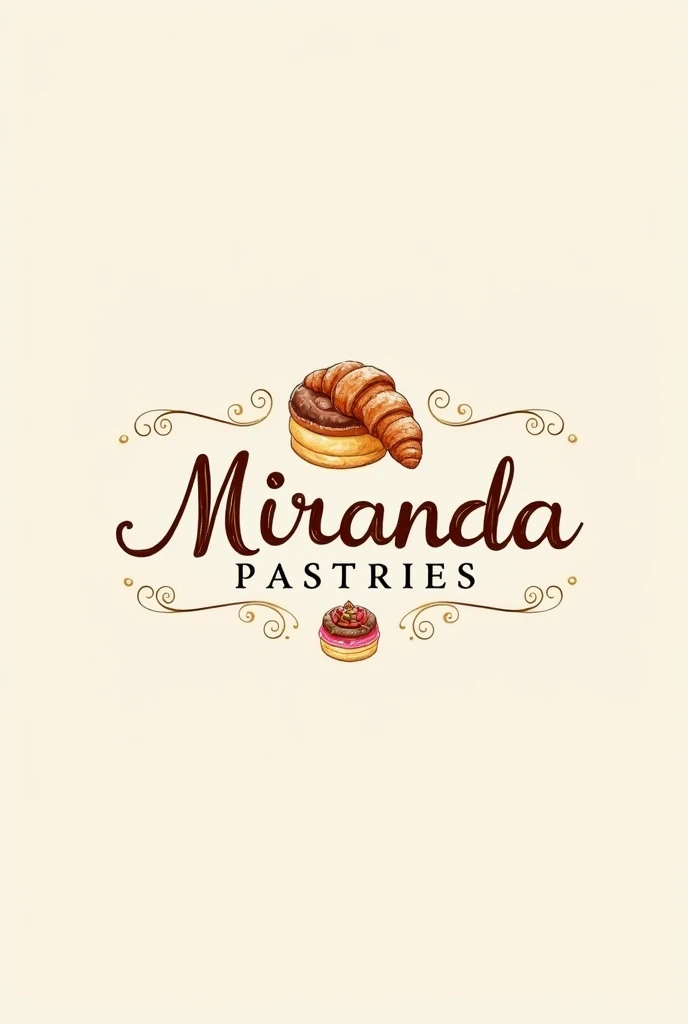 Create a company logo that says Miranda Pastries and is related to pastry making.