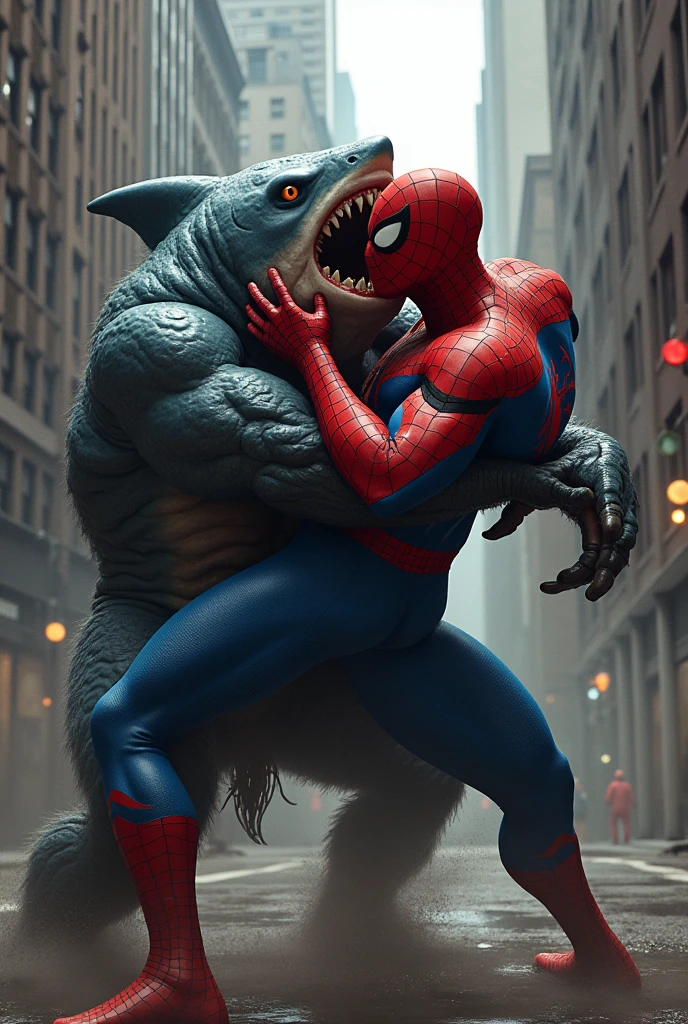 Spiderman applying a chokehold to Sharkman