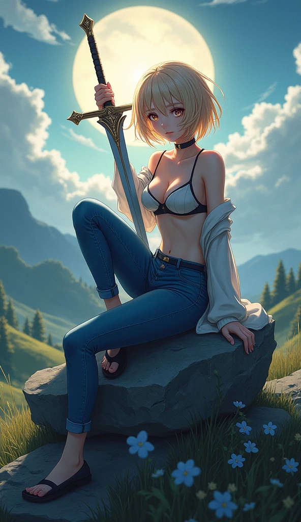 Lumine, Genshin Impact character, blue jeans, lingerie top, detailed makeup, sitting on a rock, holding a sword, middle ages, cinematic, high-quality, highly detailed, anime style, photorealistic, 8k, vibrant colors, dramatic lighting, atmospheric, digital painting, fantasy, intricate details, elegant, beautiful, sexy, blonde short hair, locks