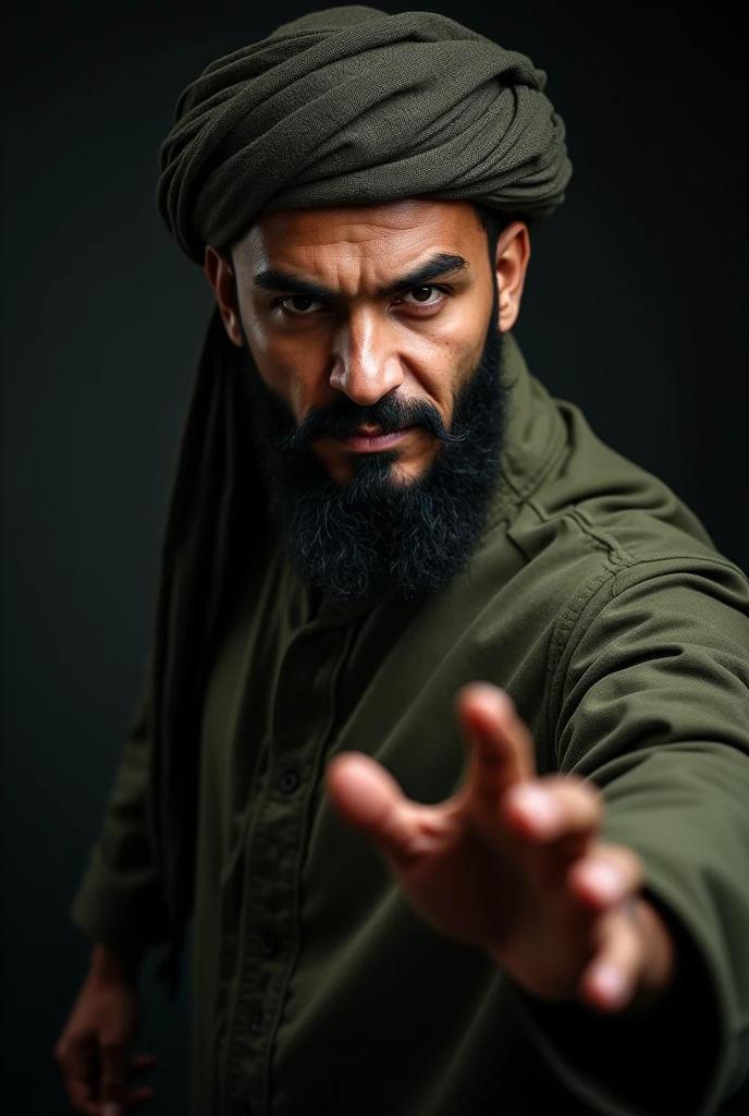 fierce Muslim man with a strong gaze, in the style of dramatic chiaroscuro lighting, showcasing determination and strength, intense facial expression, portrait photography with a Canon 5D Mark IV, close-up, high contrast, cultural theme, make his garments army green colour ( not too bright), i want to use it as youtube profile picture, use this same one you just did now but a full body one with one of his hands like this ☝🏽 