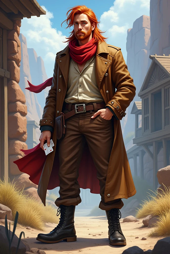 He is a well-groomed man with long, messy red hair and a short, well-kept beard. He stands at 1.75 meters tall and wears a long brown coat over a simple shirt. He has brown pants with a buckle and black boots. A red scarf is wrapped around his neck. He holds a white deck of cards in one hand, while the other hand is in his pocket. He is a cheerful individual who radiates power yet is very gentle. The character should be styled in a fantasy RPG art style, set in the Old West. He is young.