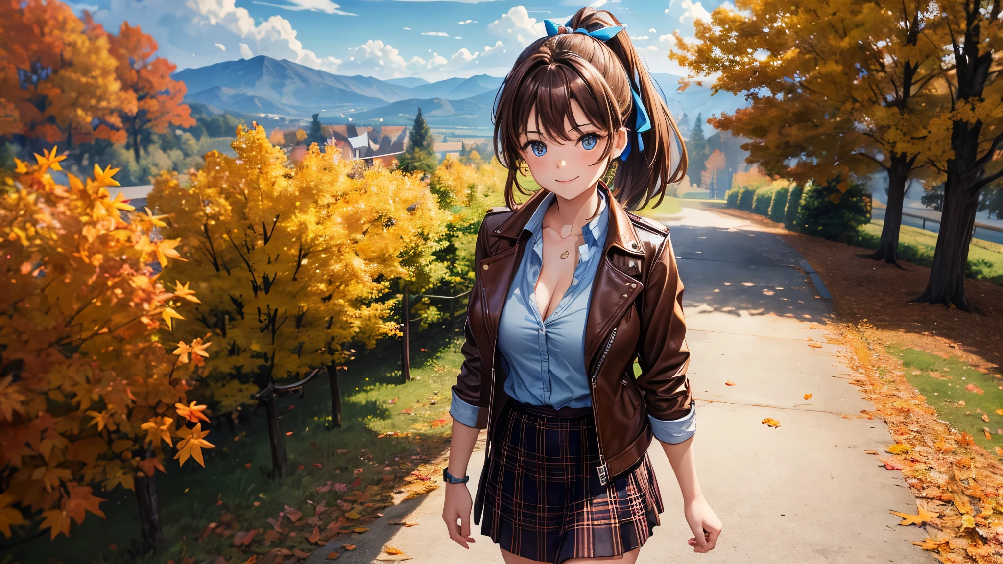 1girl, solo, trees, sun, clouds, autumn, colorful trees, falling leaves, ((brown hair)), ponytail, large breasts, ((brown leather jacket)), button down shirt, ((blue checked shirt)), ((unbuttoned shirt)), unbuttoning buttons, cleavage 1:3, blue eyes, long skirt, brown boots, smile, happy, looking at the viewer, walking, upper view, hair ribbon, golden necklate