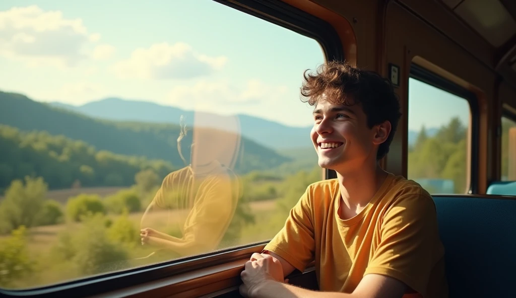a guy sitting in a train window, smiling