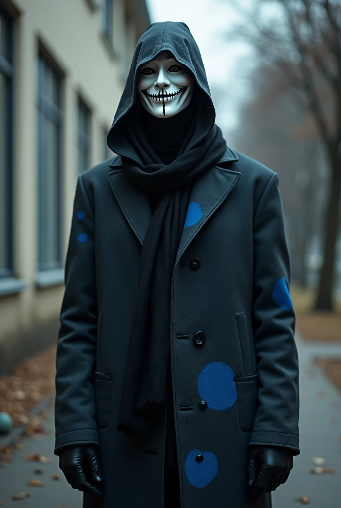 A photo of a tall, thin man standing, wrapped in a coat of black, thin, sturdy cloth with blue patches covering his entire body. He wears a plastic happiness mask covering his entire face and a long black scarf around his neck.. The mask is a happy face, This is a white smiley mask with black details. The background is blurred and contains a building.