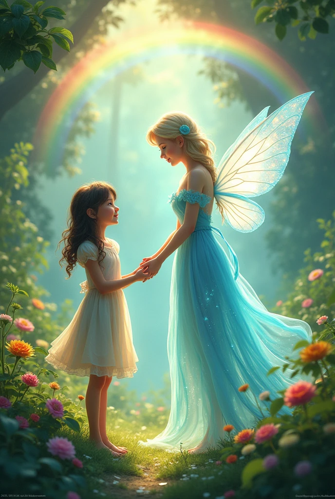 Image 10: Clara and the Water Fairy saying goodbye, with a rainbow in the sky and lots of happy green plants around.