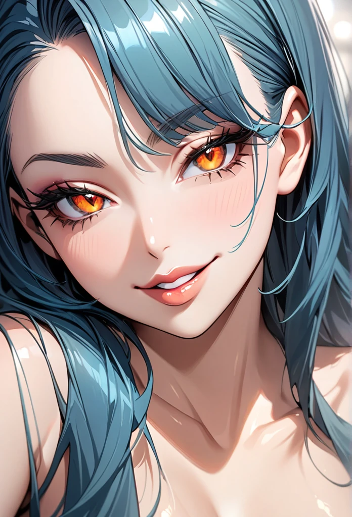 naked, bare chest, big tits, (masterpiece), best quality, highly detailed faces, (SHARP details), 4k, highly detailed, expressive eyes, SHARP detail expressive eyes, (SHARP detail perfect face),  teal blue hair, (shiny lipstick) (orange eyes), long hair, detailed face, medium breasts, long eyelashes, mature, (smirk, closed lips, big plump lips, eyeshadow) shiny skin, beautiful eyes,(detailed eyes, sharp eyes, clear pupils:0.8), wispy bangs, naughty look