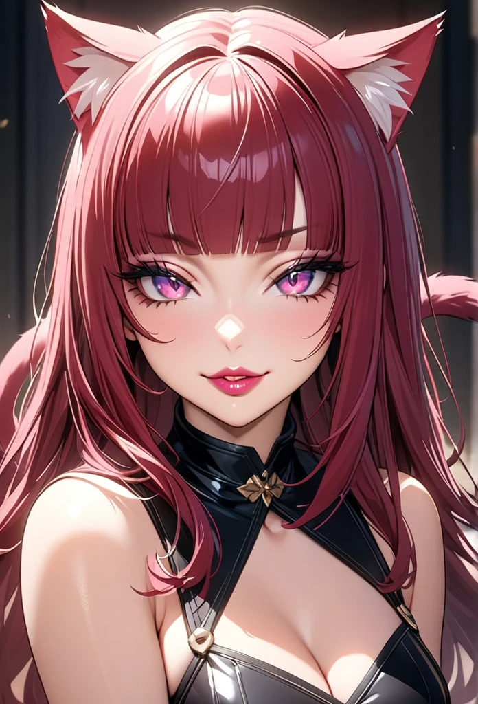 cowboy shot, minskirt, skirt (masterpiece), best quality, highly detailed faces, (SHARP details), 4k, highly detailed, expressive eyes, SHARP detail expressive eyes, (SHARP detail perfect face), (cat ears), (cat tail),maroon red hair,(shiny lipstick) (pink eyes), long hair, detailed face, medium breasts, long eyelashes, mature, (smirk, closed lips, big plump lips, eyeshadow) shiny skin, beautiful eyes,(detailed eyes, sharp eyes, clear pupils:0.8), blunt bangs, wispy bangs, naughty look