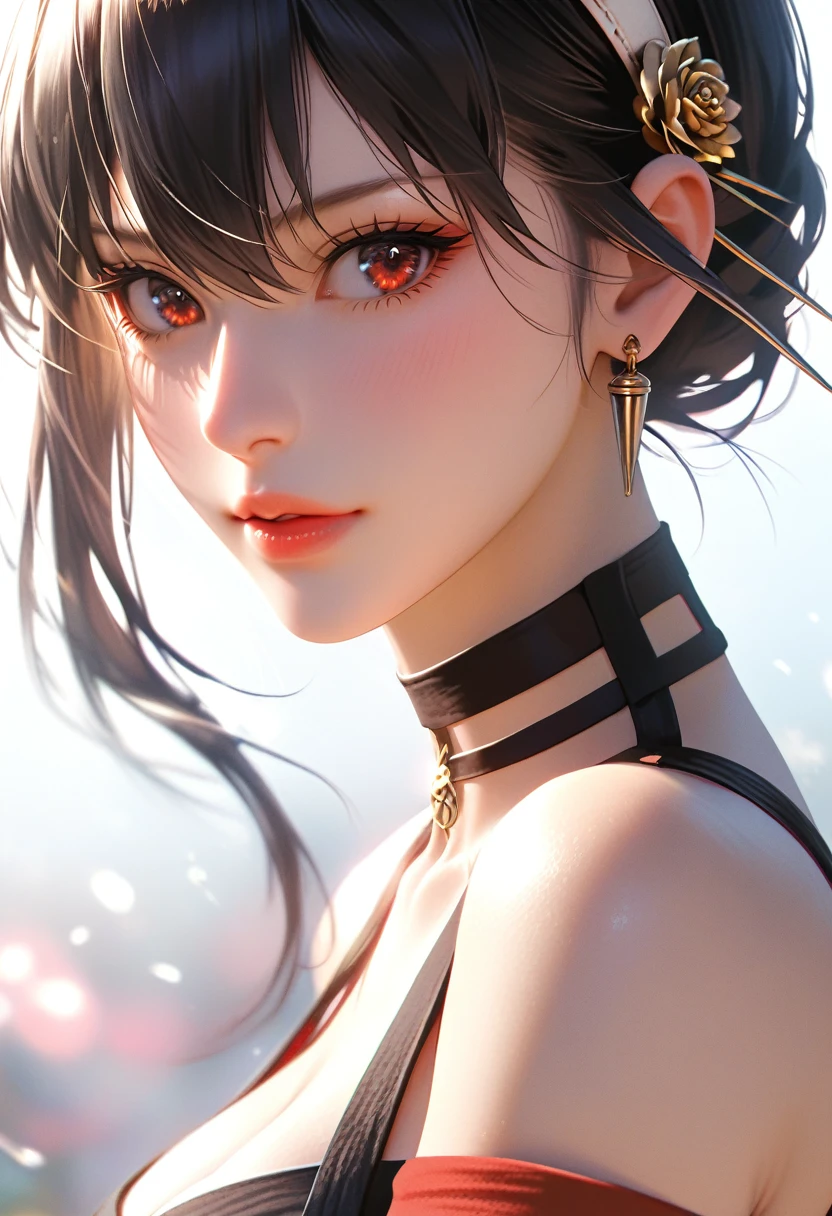 score_9, score_8_up, score_7_up, Girl's profile picture, realistic skin texture, detailed picture, close-up, HD32k, yor briar, black hair, sidelock, white hairband, red eyes, bare shoulders, japanese clothes, sleeveless, choker, sash, armband, ninja,Painstaking Attention To Details,PEAnimeBG,starlight