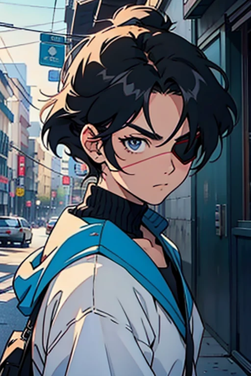 score up_9,score up_8,score up_7,source_japan anime,retro,masterpiece,best quality,super fine illustration,super detailed,8k,(lora:0.7),BREAK Traveler,BREAK men,male,black hair,20 yo,Eye patch,cool,BREAK perfect hands,perfect body,perfect face,sharp eyes,BREAK cinematic angle,BREAK city,old building,street,detailed background,beautiful background,