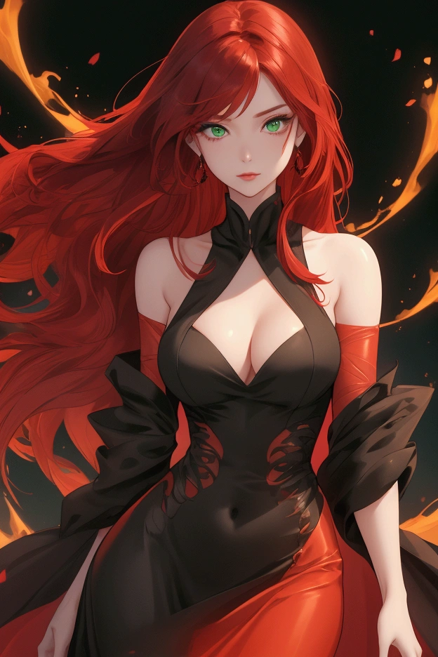 seductive woman with long, flowing red hair. She should have a confident and alluring expression, with striking green eyes that contrast with her vibrant hair. Her pose is relaxed yet captivating, emphasizing her curves. She's wearing a stylish, form-fitting black dress that enhances her figure. The background is dark, allowing her fiery red hair and glowing skin to stand out. The overall atmosphere should exude sensuality and confidence.