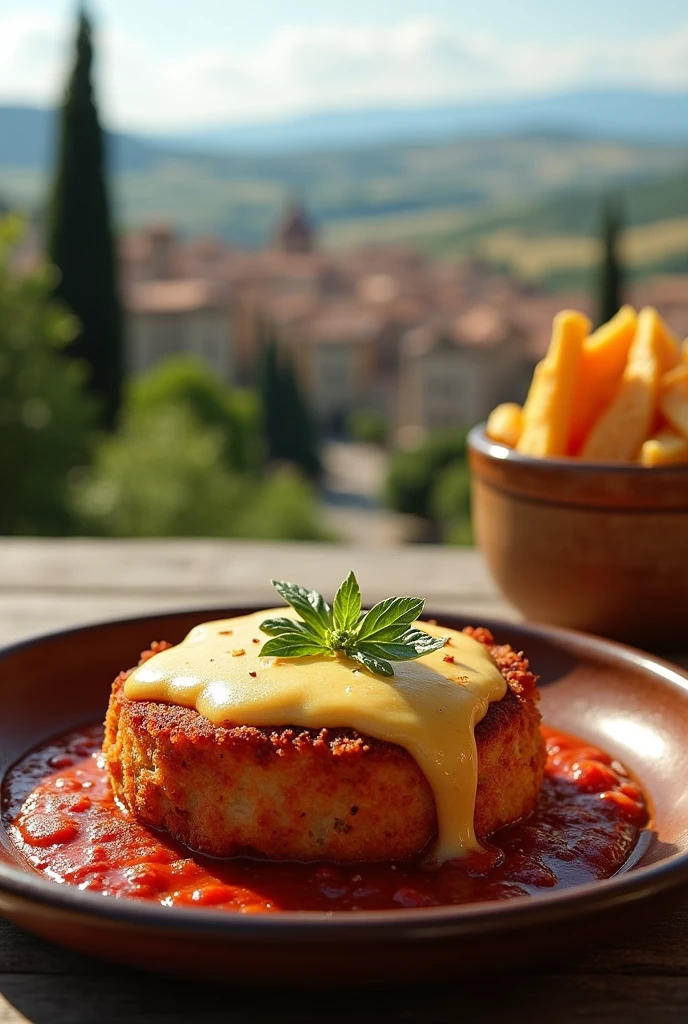A breaded filet mignon with parmesan , that you can see the breading and lots of cheese nicely gratinated on a bed of sugo sauce in a.ceramic dish on a table with the background of the city of Tuscany