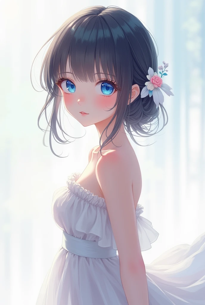 1 anime girl, by white, White skin, blue eyes, height of 155 centimeters, B cup chest, expressionless.