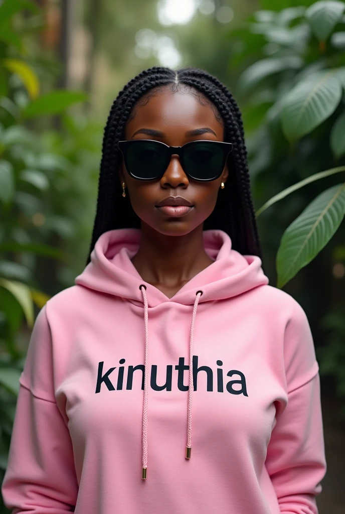 (photorealism:1.2), beautiful black African woman,22 years,sharp boobs, smiling wearing a fitting pink hoodie written "Kinuthia",long braids, black  oversized photo chromatic glasses, standing , plants in background.