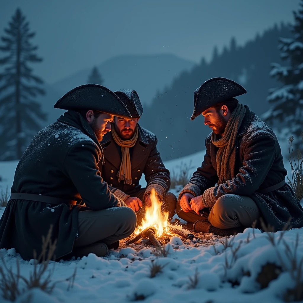 A dark, winter night during the Napoleonic Wars, with three French soldiers seated naturally in a circular formation around a small campfire on a snowy mountain. They are dressed in realistic, historically accurate heavy woolen military coats, shakos (tall military hats), and scarves. The soldiers are huddled close to the warm glow of the fire, which casts soft, flickering light on their weary, dirt-streaked faces. Around them, light snow falls gently, softly settling on their coats and the surrounding ground. The atmosphere is cold but serene, with snow-covered trees and distant mountains barely visible in the background. The scene has a highly realistic, photographic quality, capturing the quiet isolation and hardship of these soldiers in vivid detail. The texture of the uniforms, the snow, and the firelight are all rendered with photographic precision, emphasizing the peaceful yet somber tone of this winter night.