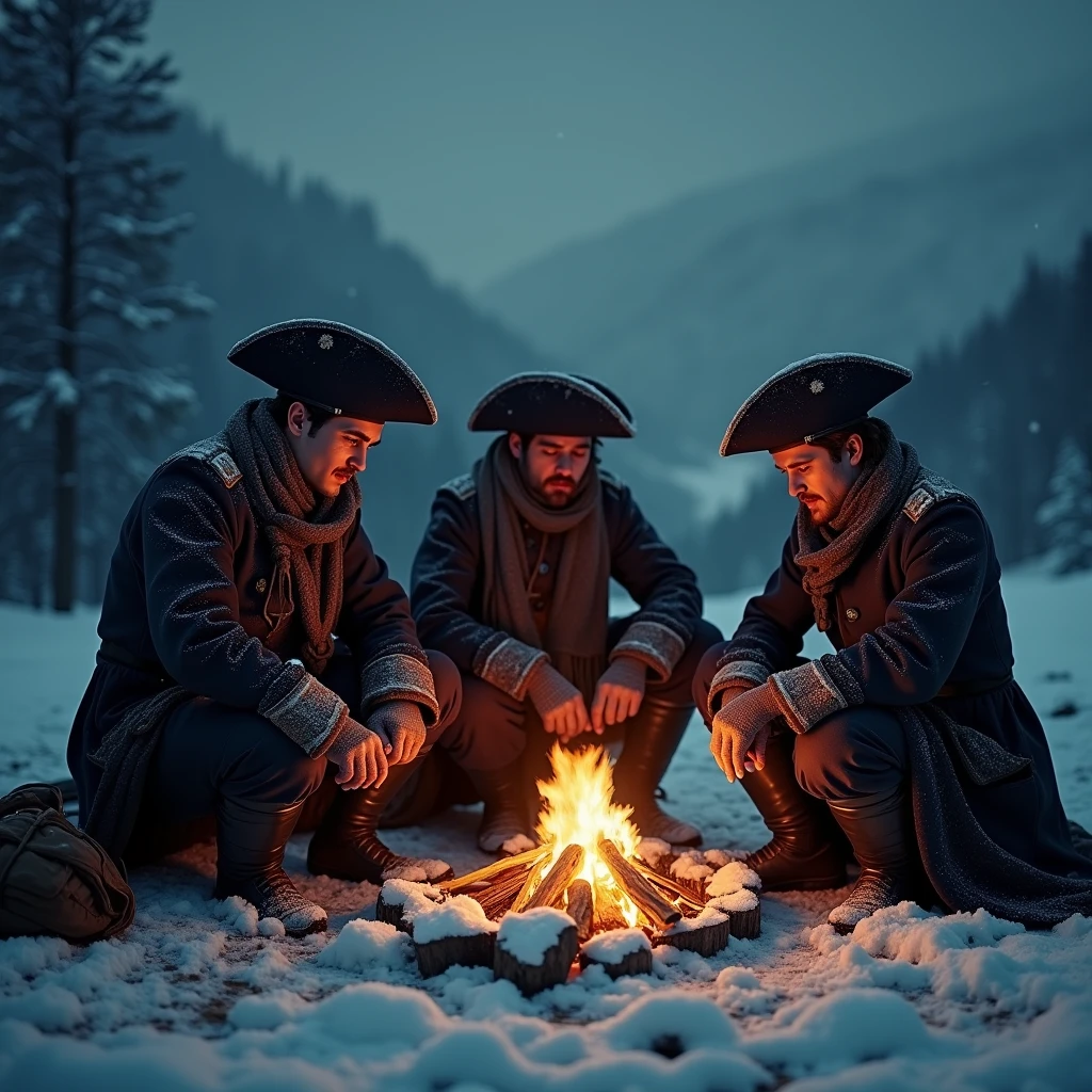 A dark, winter night during the Napoleonic Wars, with three French soldiers seated naturally in a circular formation around a small campfire on a snowy mountain. They are dressed in realistic, historically accurate heavy woolen military coats, shakos (tall military hats), and scarves. The soldiers are huddled close to the warm glow of the fire, which casts soft, flickering light on their weary, dirt-streaked faces. Around them, light snow falls gently, softly settling on their coats and the surrounding ground. The atmosphere is cold but serene, with snow-covered trees and distant mountains barely visible in the background. The scene has a highly realistic, photographic quality, capturing the quiet isolation and hardship of these soldiers in vivid detail. The texture of the uniforms, the snow, and the firelight are all rendered with photographic precision, emphasizing the peaceful yet somber tone of this winter night.