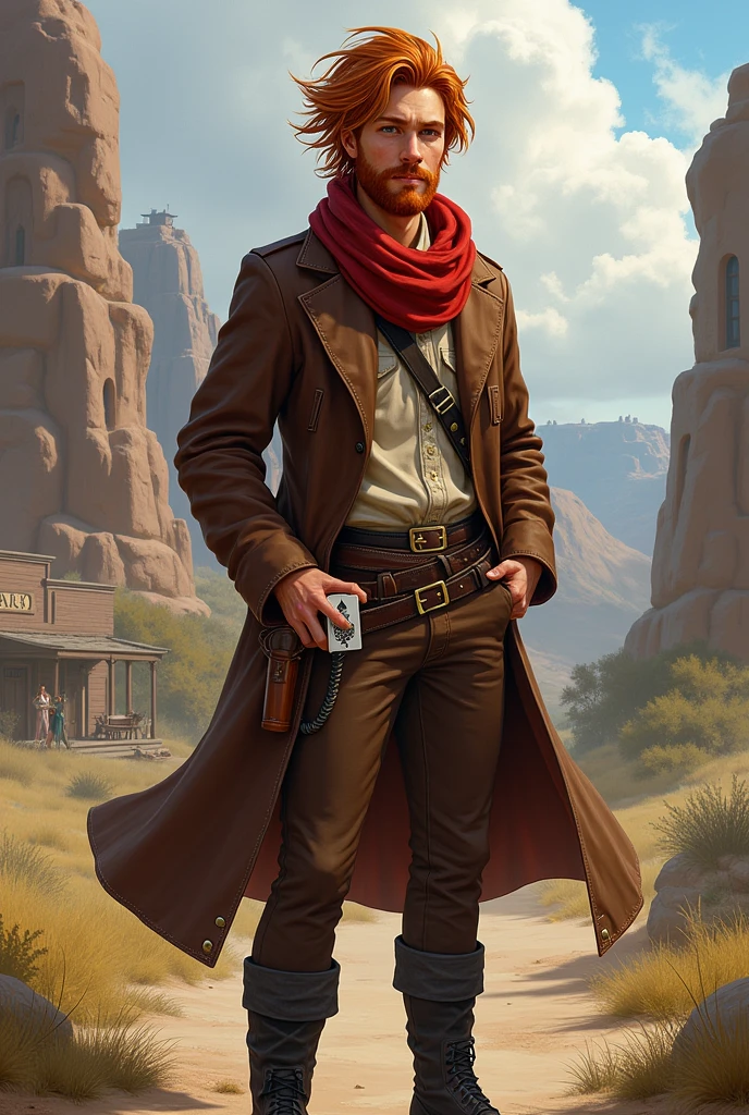 He is a well-groomed man with long, messy red hair and a short, well-kept beard. He stands at 1.75 meters tall and wears a long brown coat over a simple shirt. He has brown pants with a buckle and black boots. A red scarf is wrapped around his neck. He holds a white deck of cards in one hand, while the other hand is in his pocket. He is a cheerful individual who radiates power yet is very gentle. The character should be styled in a fantasy RPG art style, set in the Old West. He is young.
