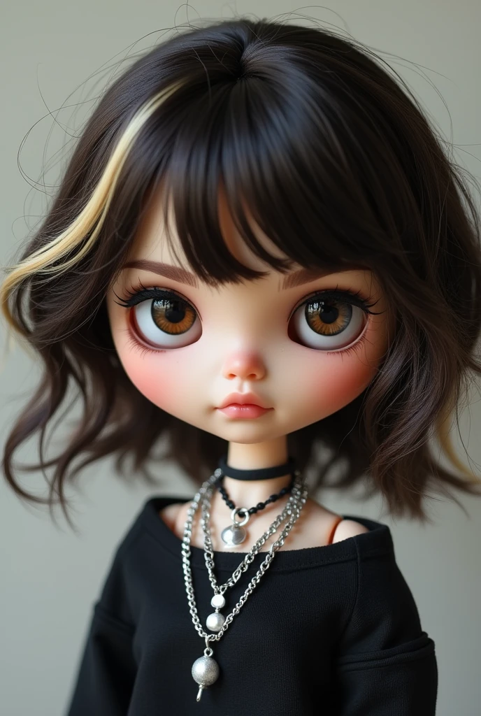 Make me a blythe doll, with slightly messy hair, Medium layered dark brown hair with blonde highlights in front, dark brown eyes, black eyeshadow and eyeliner, alternative with silver necklaces