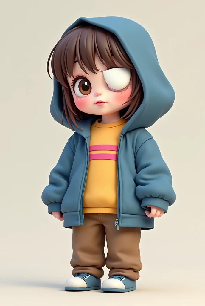 Got scared easily. Shy, and always overthinking. Can't tell my gender, has a cute face and fair skin. Has medium-length straight brown hair, short height, and very light weight. Wearing a blue hooded jacket , a short-sleeved yellow shirt with two pink strips, brown pants, and light blue shoes. Brown eyes, and wearing pink lipstick. Wear an white eye patch on the right eye. Sexy girl with giant breasts.