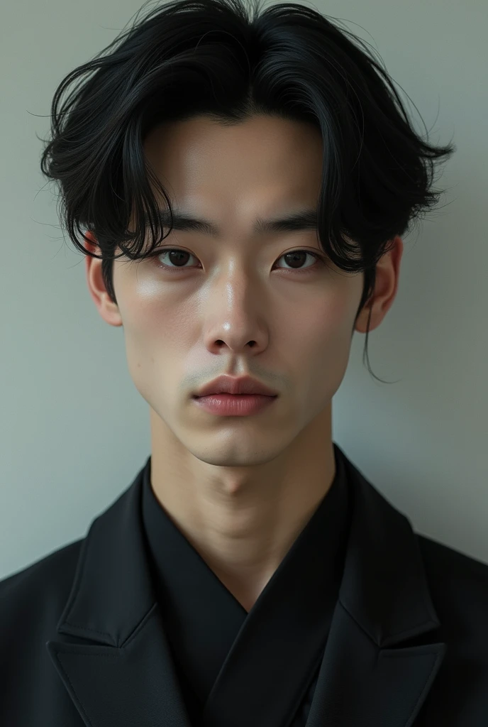 Single Korean man with long face and side parted hairstyle 