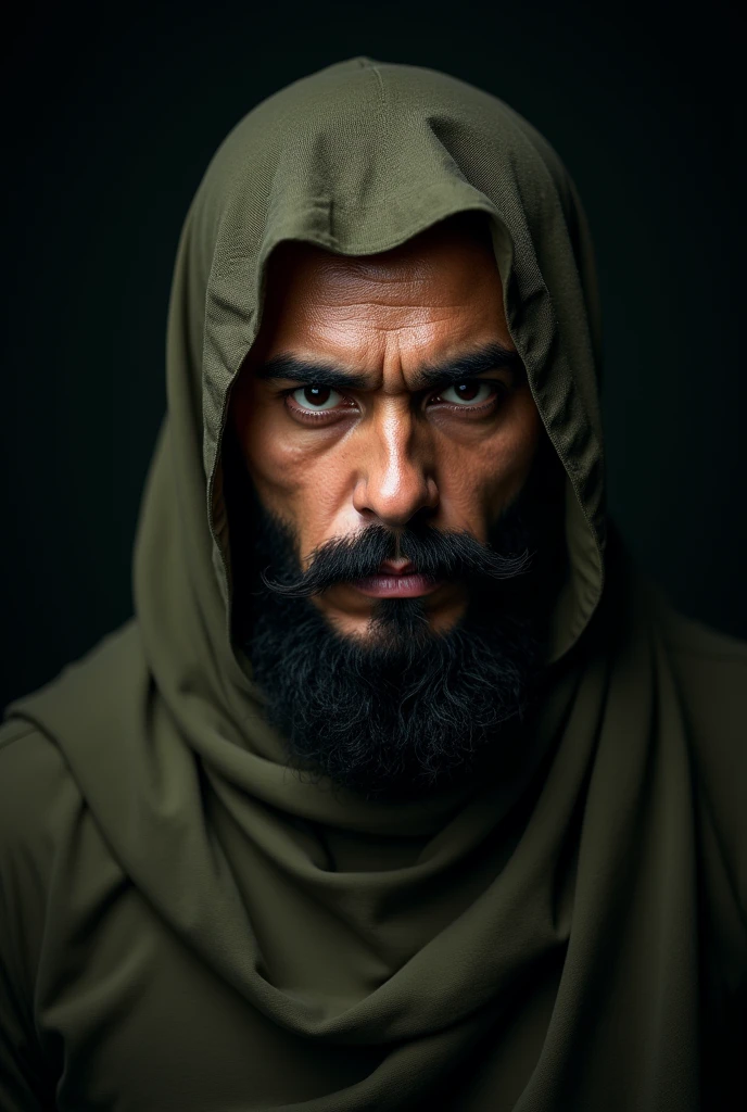 fierce Muslim man with a strong gaze, in the style of dramatic chiaroscuro lighting, showcasing determination and strength, intense facial expression, portrait photography with a Canon 5D Mark IV, close-up, high contrast, cultural theme, make his garments army green colour ( not too bright), i want to use it as youtube profile picture, use this same one you just did now but a full body one with one of his hands pointing to the sky, make him look at the camera though