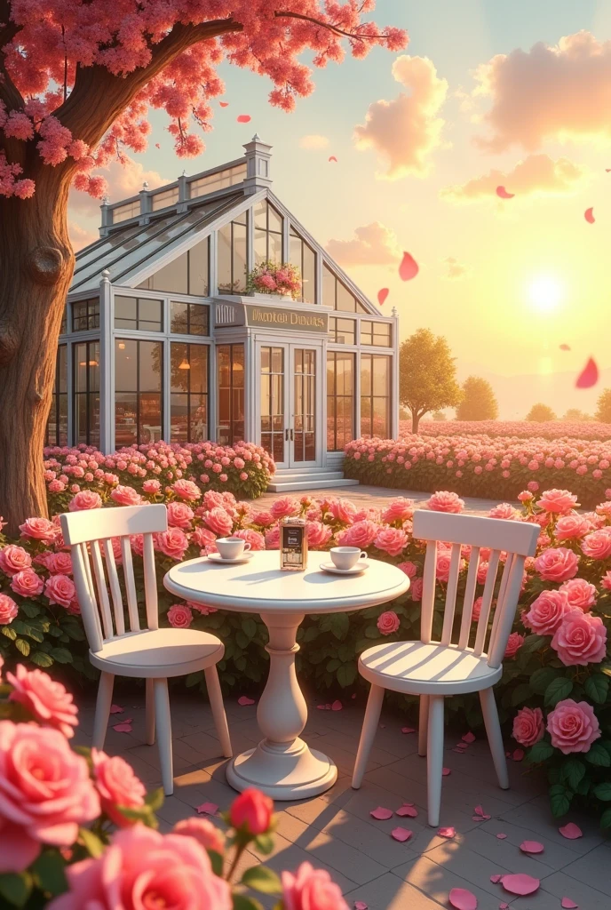 White round table,White chair,Bakery,coffee,sunset,Colorful rose fields,glass house,vintage