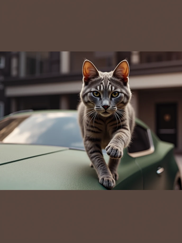 a tiger striped gray cat driving a 2016 green hyundai veloster, hyperrealistic, 8k, high detailed, (best quality,4k,8k,highres,masterpiece:1.2),ultra-detailed,(realistic,photorealistic,photo-realistic:1.37),HDR,UHD,studio lighting,ultra-fine painting,sharp focus,physically-based rendering,extreme detail description,professional,vivid colors,bokeh,detailed feline eyes,detailed feline features,detailed feline paws,feline ???????,highly detailed cat fur,detailed interior of car,highly detailed dashboard,highly detailed car exterior,dynamic composition,dramatic lighting,cinematic angles
