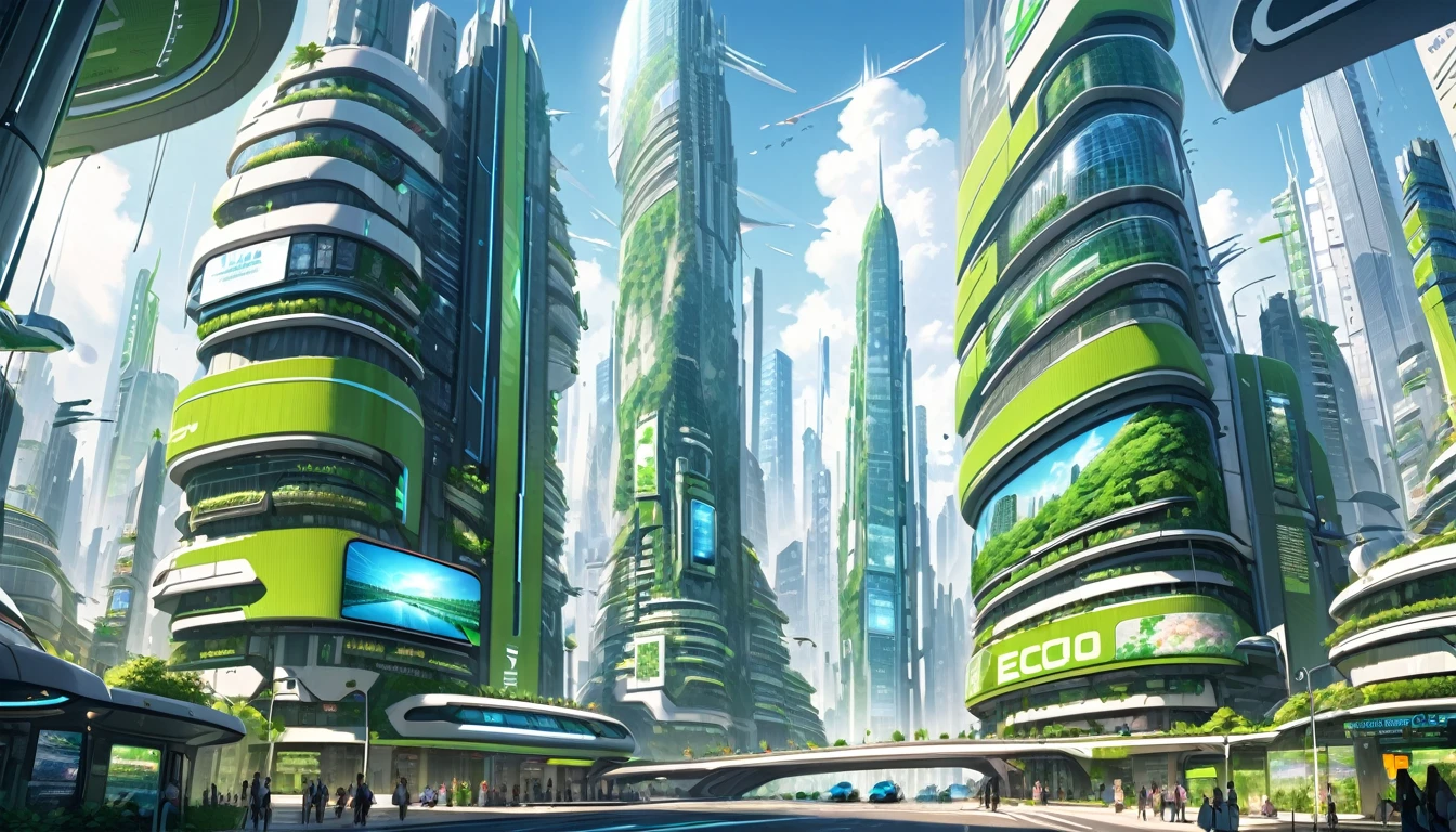 ecofuturistic city, futuristic city, big city full of skyscrapers and holohradic screens, advertising posters, eco City, green City.